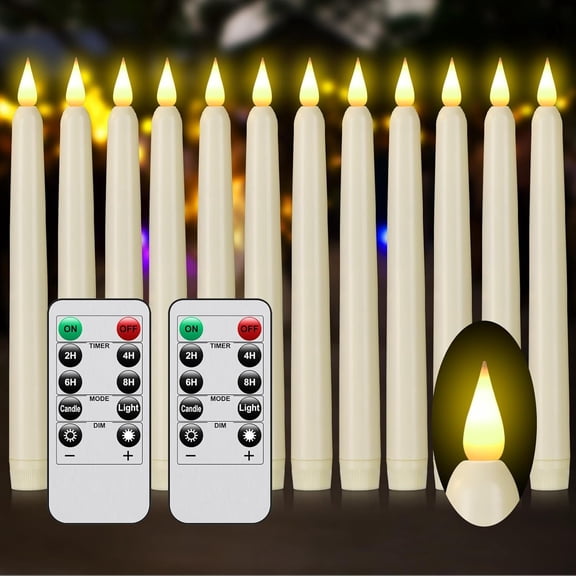 Ivory 12Pcs Flameless Taper Candles - 9.6” LED Candlesticks with 3D Flickering Flame, Remote & Timer for Christmas/Wedding/Home Decor