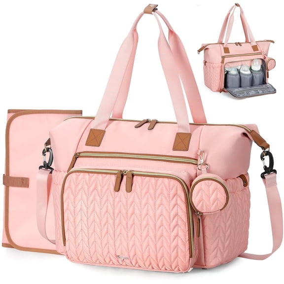 Leke Pink Waterproof Quilted Diaper Tote, Large Capacity Hospital Labor Delivery Bag with Changing Pad & Pacifier Case