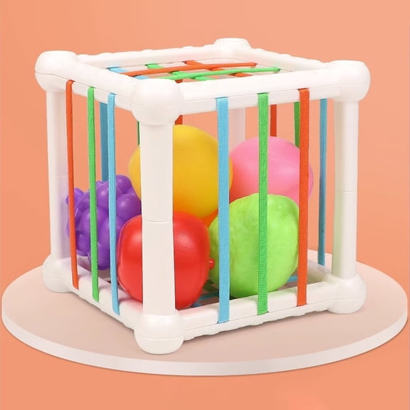 syligr Rainbow Puller Sensory Toy for 1 2 3 Year Old Boys Girls, Baby Montessori Fine Motor Skill Cube, Elastic Stress Relief Fidget Toy with Fruit Balls, Early Learning Educational Toy for Toddlers