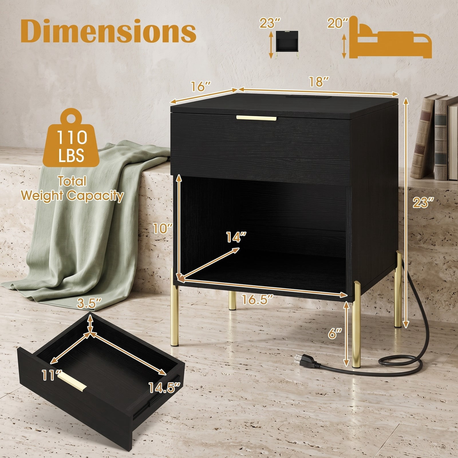Furnibear Modern Nightstand with Charging Station for Bedroom, 1 Drawer and Open Compartment Bedside Table with Metal Legs, Black