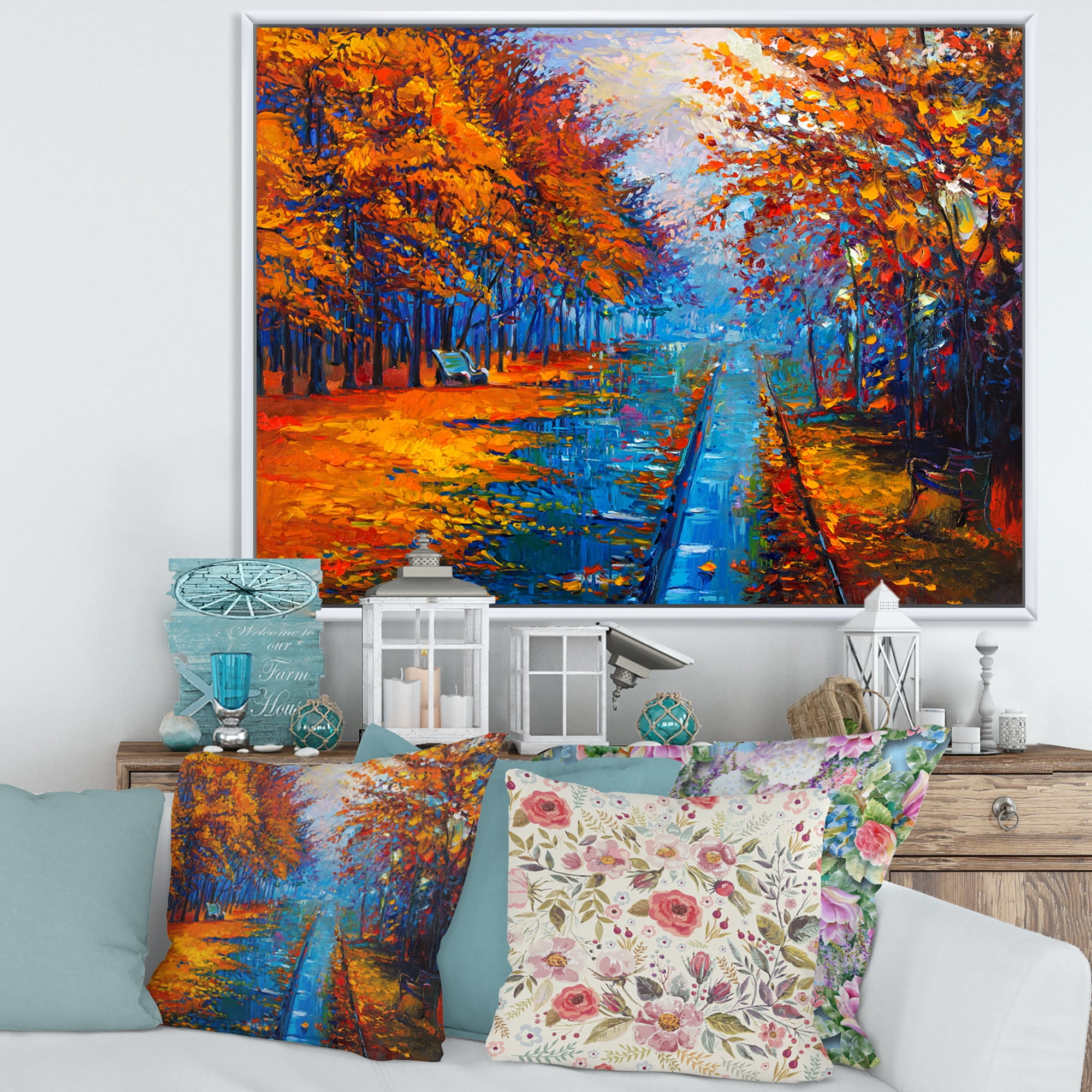 Designart 'Orange Autumn Landscape With Little Road II' Traditional Framed Canvas Wall Art Print