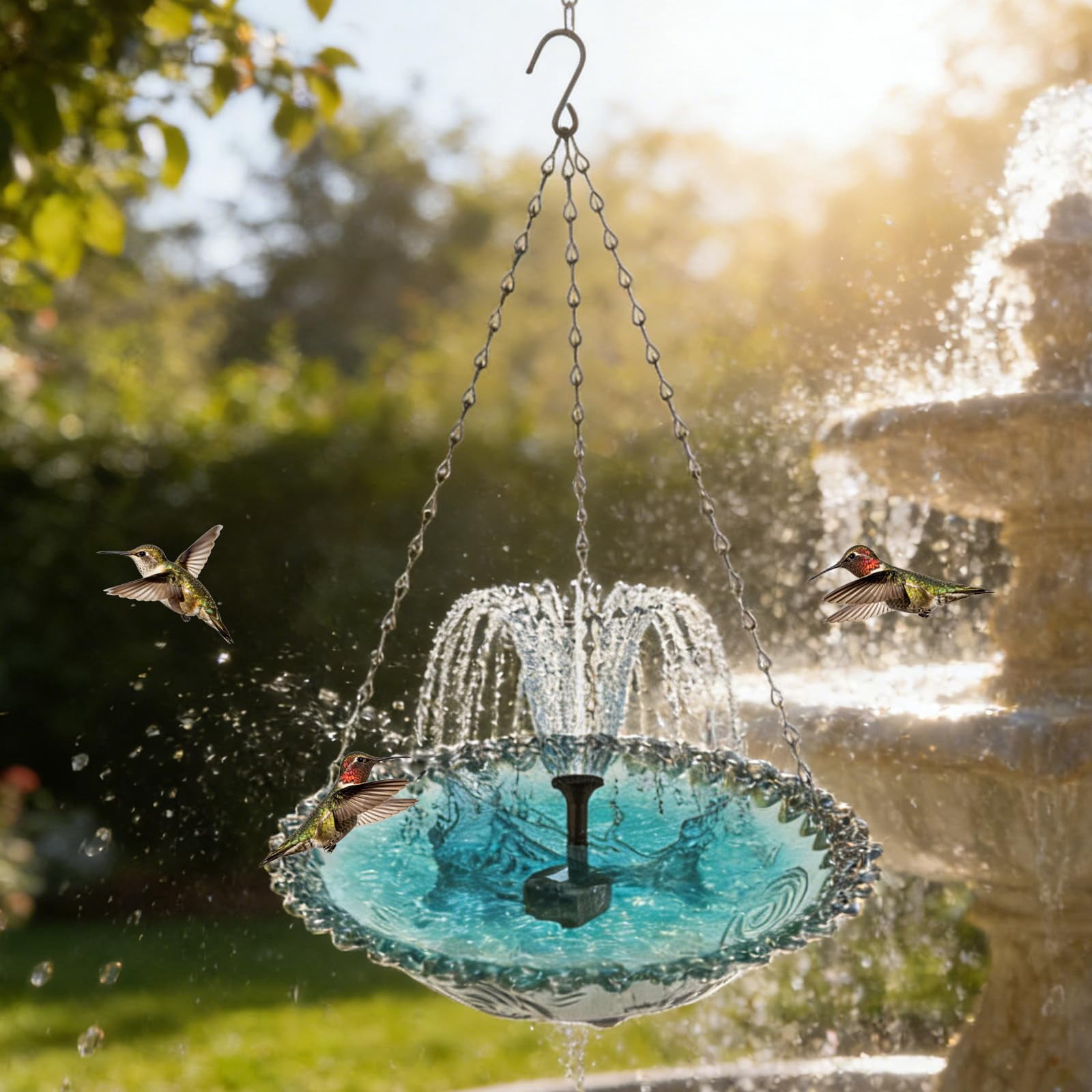 Solar Cascade Hanging Bird Bath Fountain, 2026 New Outdoor Outdoor Hanging Bird Bath with Solars Pump & Glass Bowl, Large Humming Birds Baths Fountains for Garden, Patio, Lawn Decor