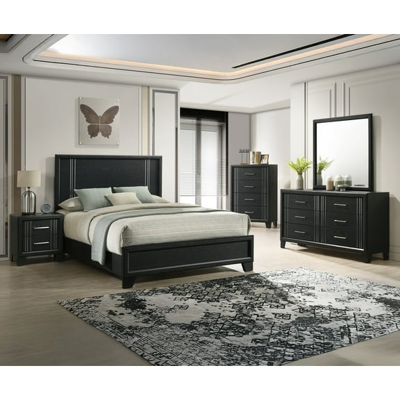 Beautiful Charcoal Finish King Size Panel Bed Wooden 6pc Master Bedroom Set