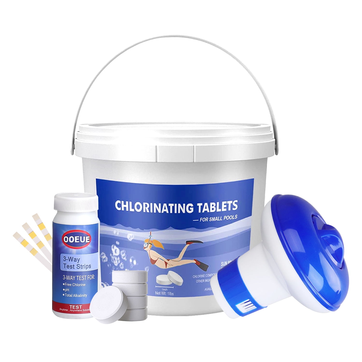 Pool Chlorine Tablets with Floater and Test Strips 1 lb 1inch