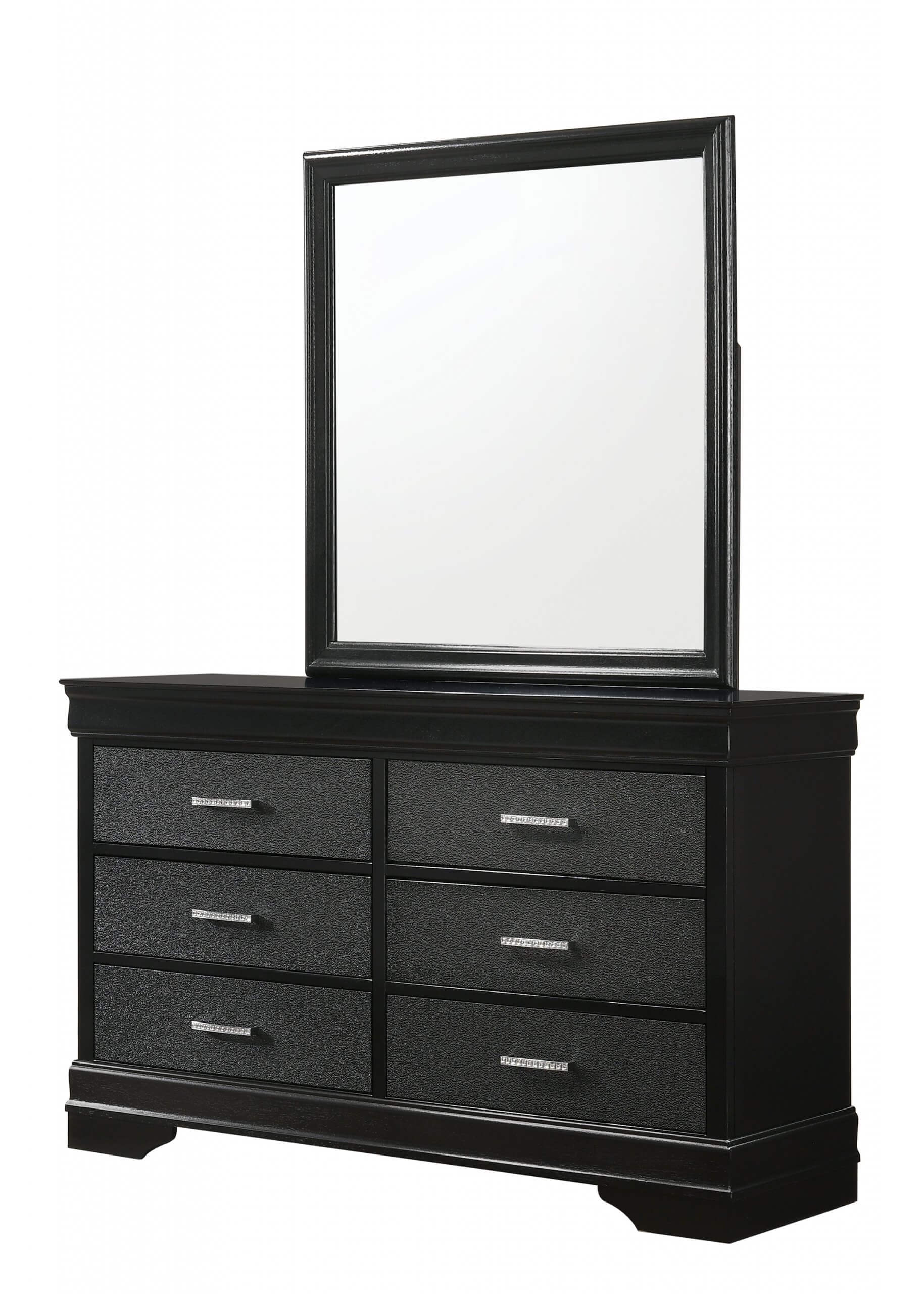 Transitional 4pc Two-Tone Textured Black Finish Crushed Velvet Fabric Twin Size Sleigh Bed Set Dresser Mirror Nightstand - image 2 of 3