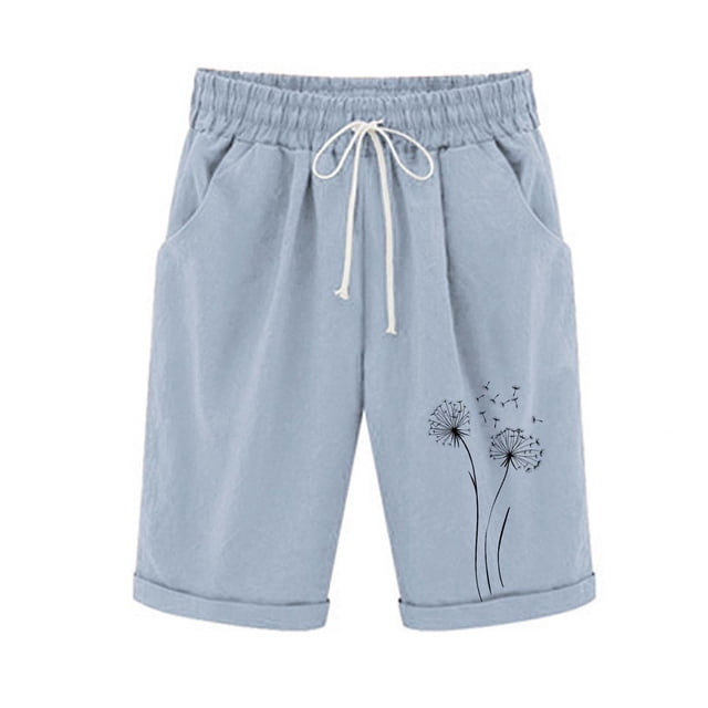 Pantalones Elásticos de la Cintura para las Mujeres Impresos Medias Pantalones Cortos, Bolsillos Casuales Poliéster para Toda la Temporada