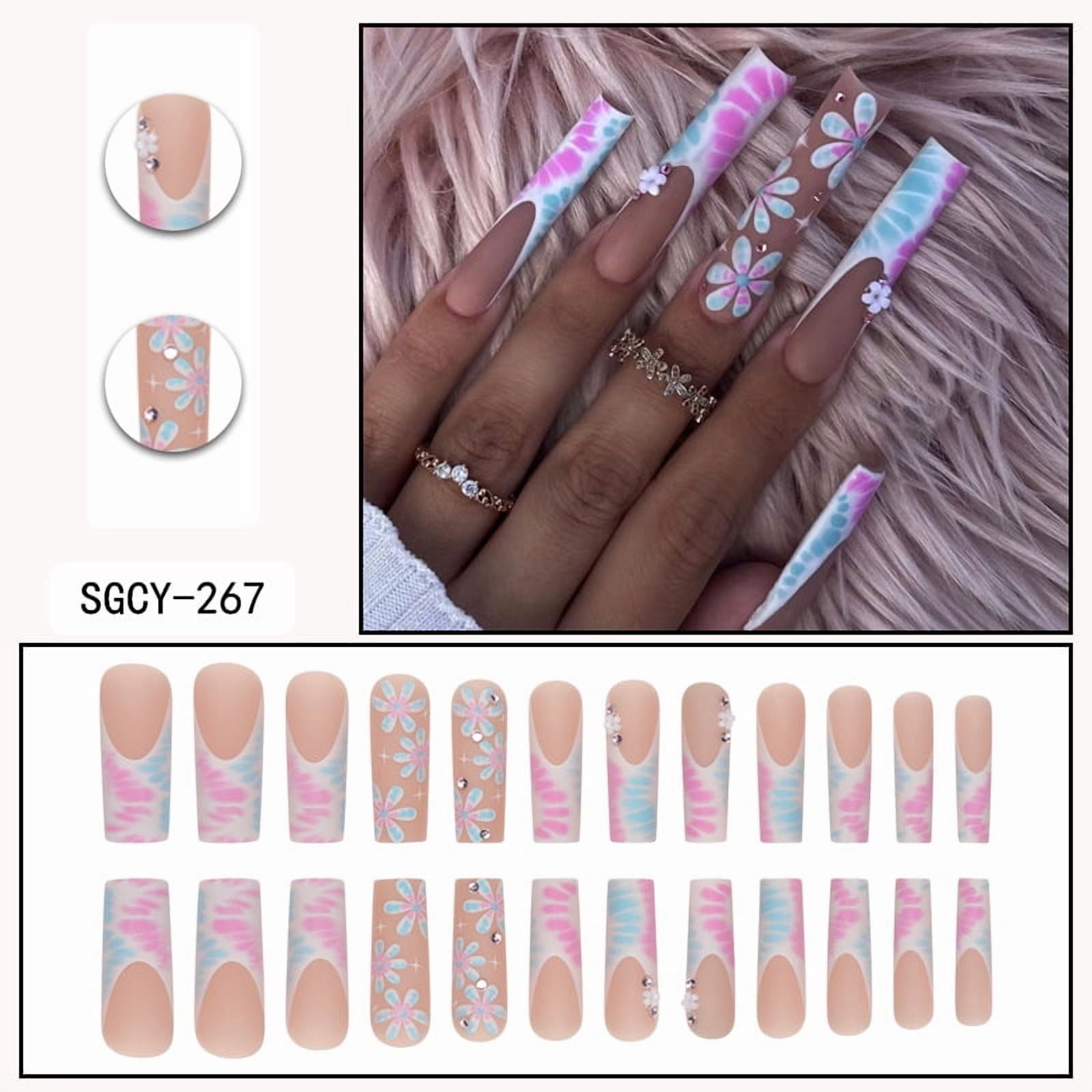 24 Long Coffins with French Patterns, Flowers, Butterfly Dots, Diamond Shiny Fake Nails, press on nails