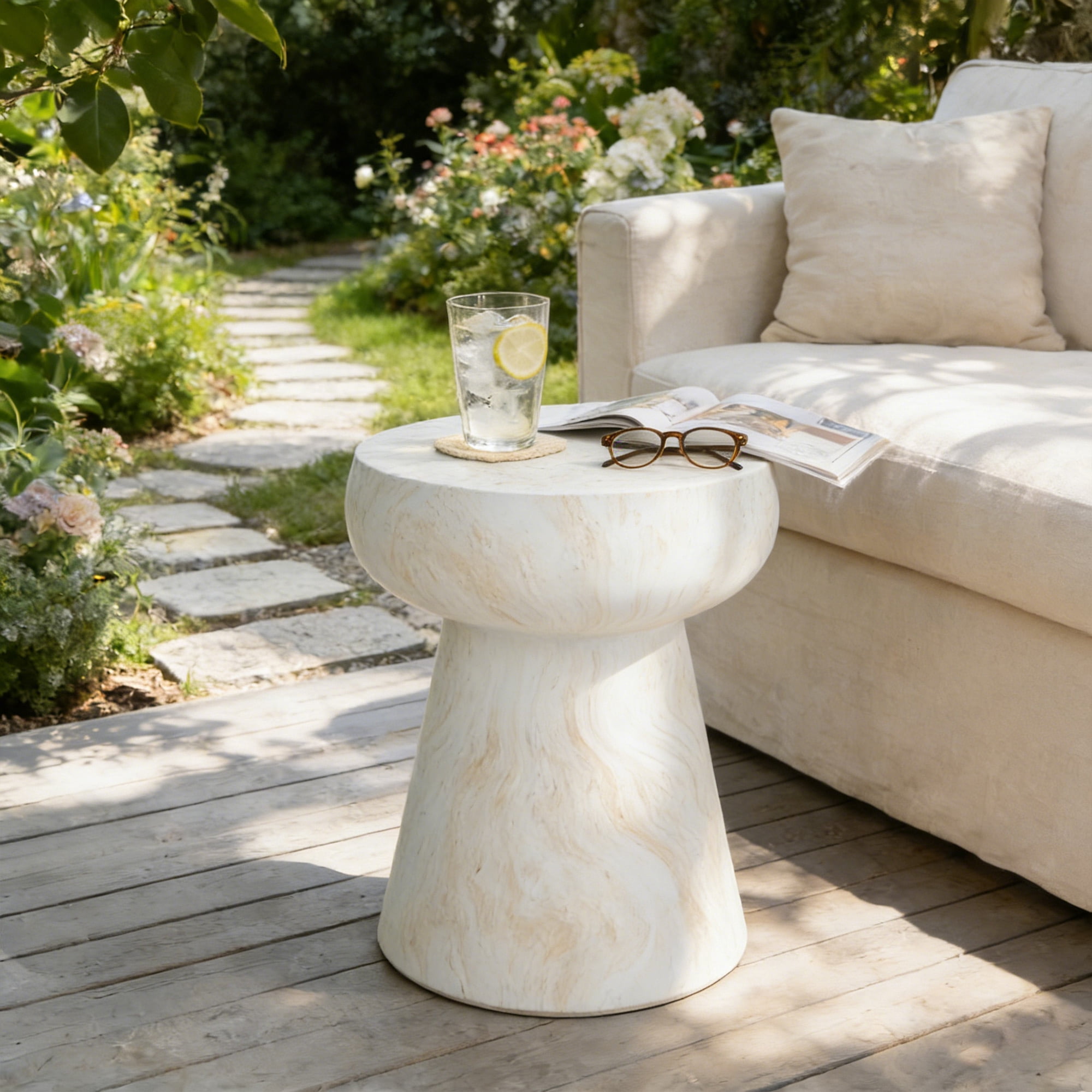 Mintazer 19.68" H Mushroom-Shaped Outdoor Side Table, Geometric Pedestal End Table with Travertine Texture, Modern Accent Table for Patio Living Room, Beige