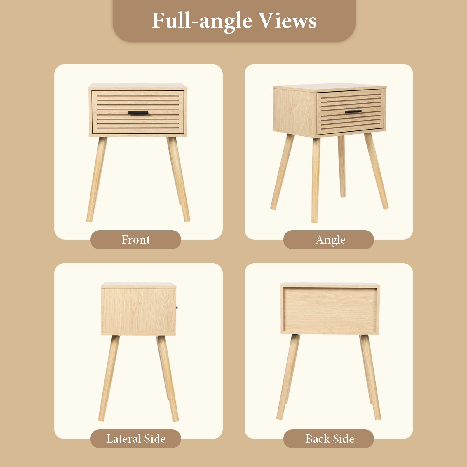 KATHY&BOB Striped Grooved Nightstand Set of 2, Bedside Table with Wood Storage Drawer, End Table for Bedroom, Natural