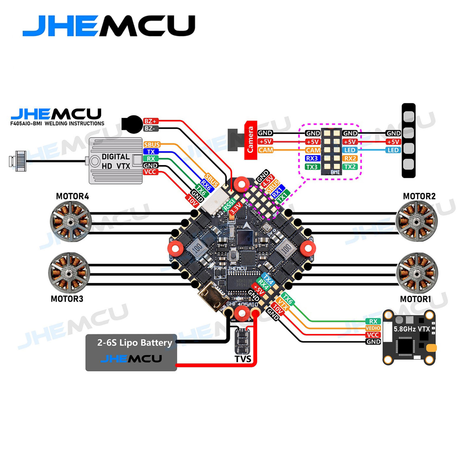 JHEMCU GHF405AIO-BMI F405 Flight Controller W5V 10V BEC Built-in 40A BLHELI_S 2-6S 4 in 1 ESC 25.5X25.5mm for - image 4 of 7