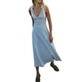 thumbnail image 2 of Women Casual Summer Smocked V Neck Beach Striped Sleeveless Sundress Flowy Long Dress with Pockets Light Blue L, 2 of 7