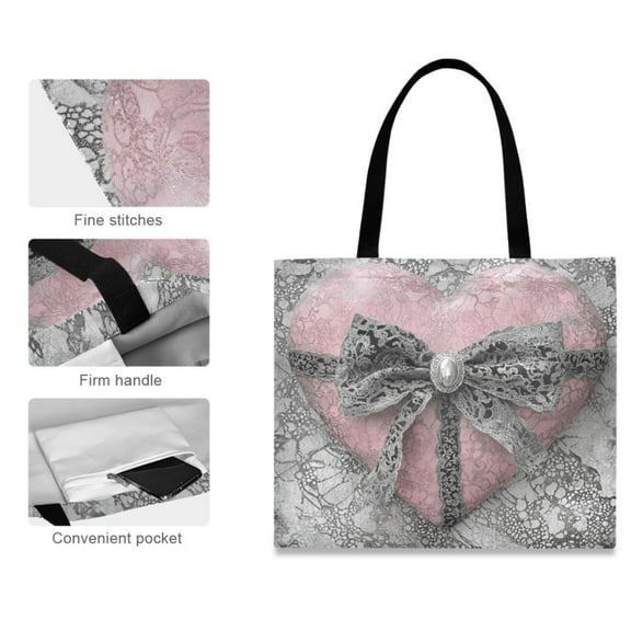 Canvas Tote Bag for Women Girls Design Print Pink Heart Lace Ribbon Tote