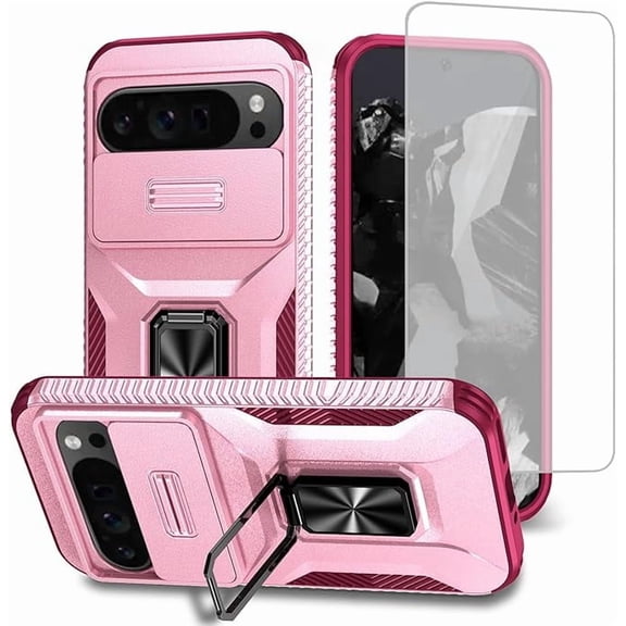 KOMI for Google Pixel 8A Case with Tempered Glass Screen Protector and Camera Lens Cover,Rotated Ring Stable Kickstand,Heavy Duty Shockproof Protective Phone Cover Pink