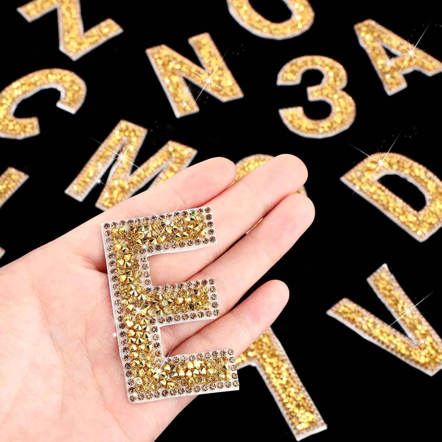 37 Pieces Rhinestone Letter Stickers Large Glitter Alphabet Crystal Number Self Adhesive Bling Stickers Iron on Letters for Art Crafts Clothing DIY Decors(Gold,2.56 Inch)