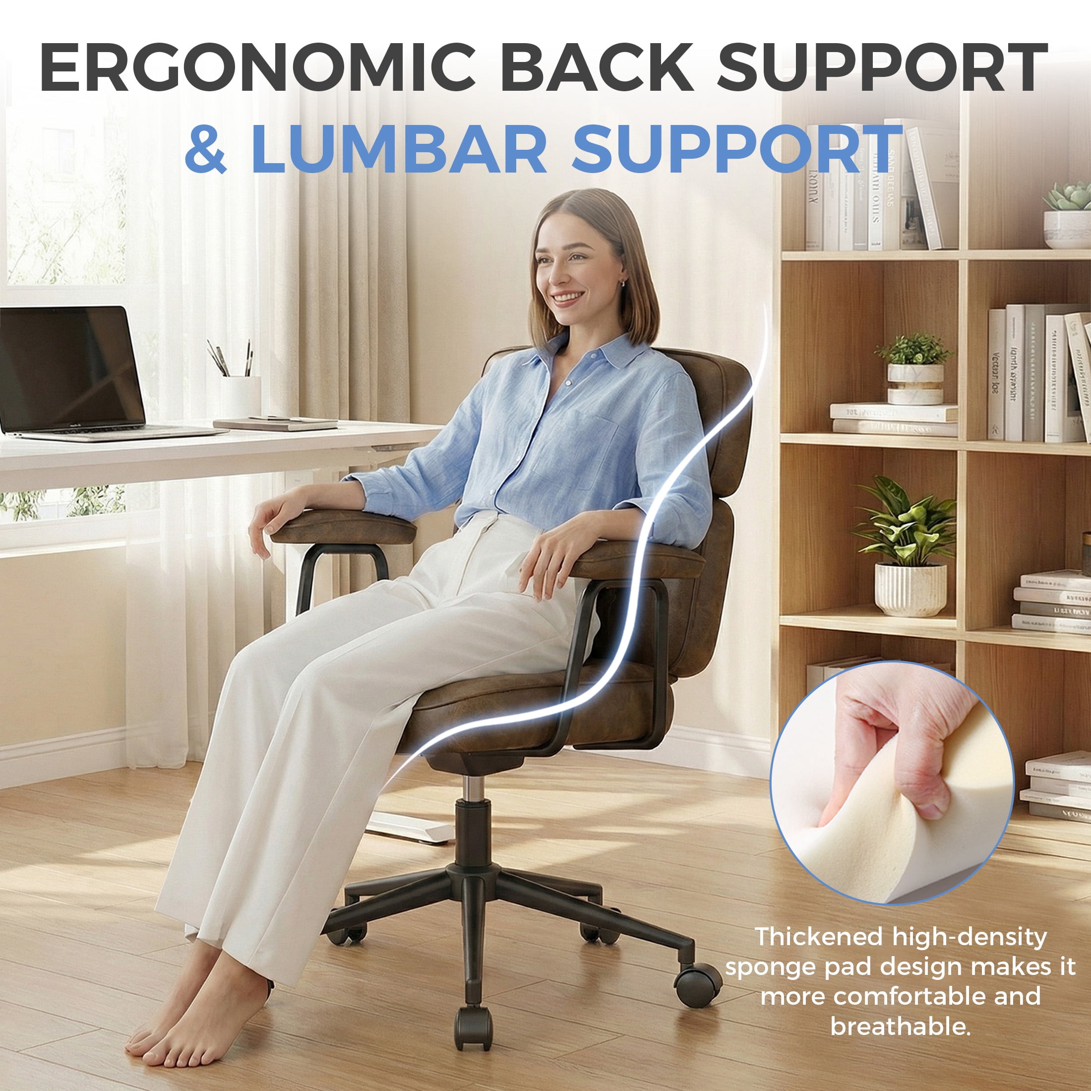 CONCETTA Ergonomic Office Chair, Soft PU Leather Adjustable Task Chair with Lumbar Support and 360° Swivel, Brown