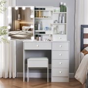 JBLCC Modern Makeup Vanity with LED Lighted Mirror and Stool, Vanity Table for Bedroom, Vanity Desk with Storage Shelves & Drawers, White