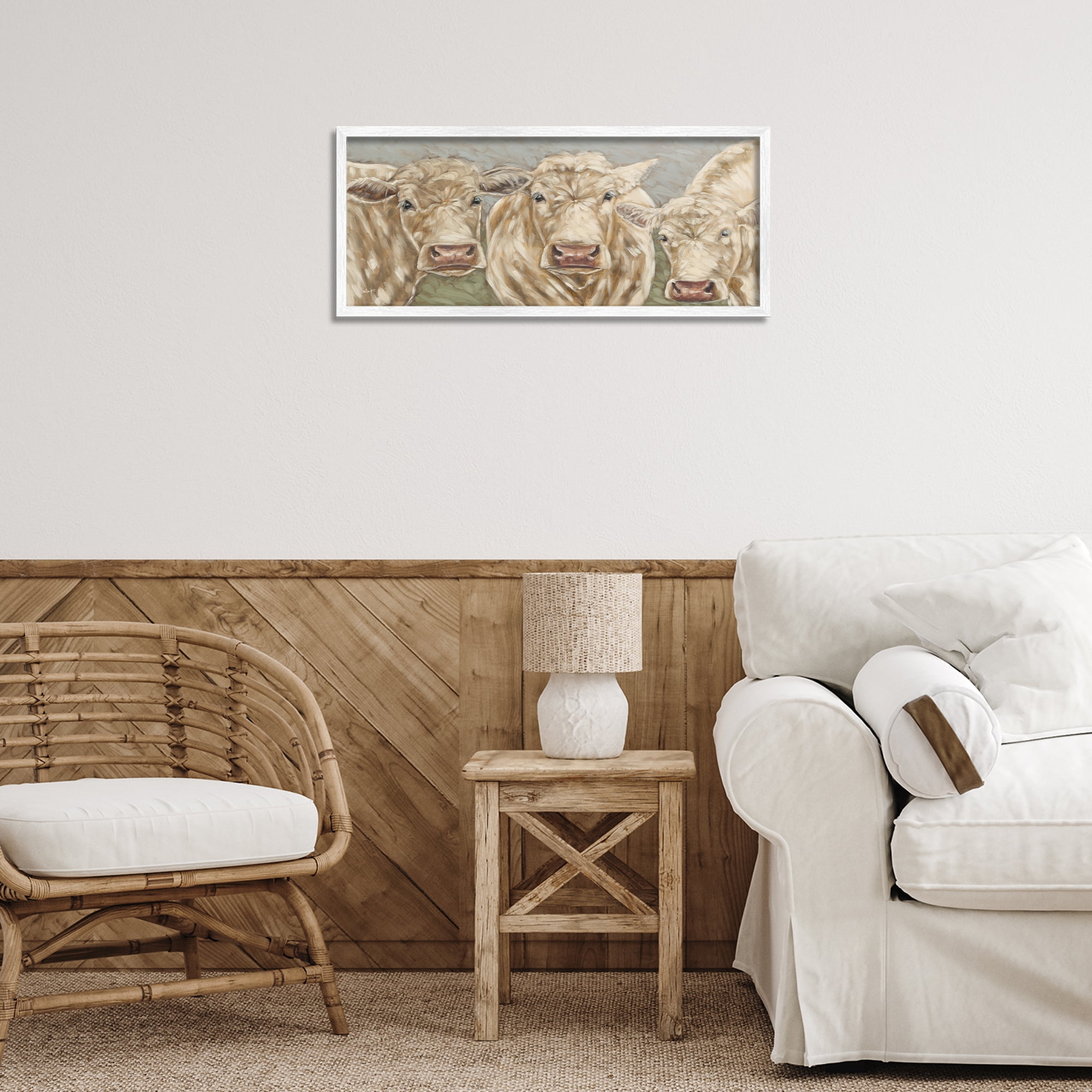 Stupell Industries Beige Cow Trio Animals & Insects Painting White Framed Art Print Wall Art, 24 x 10