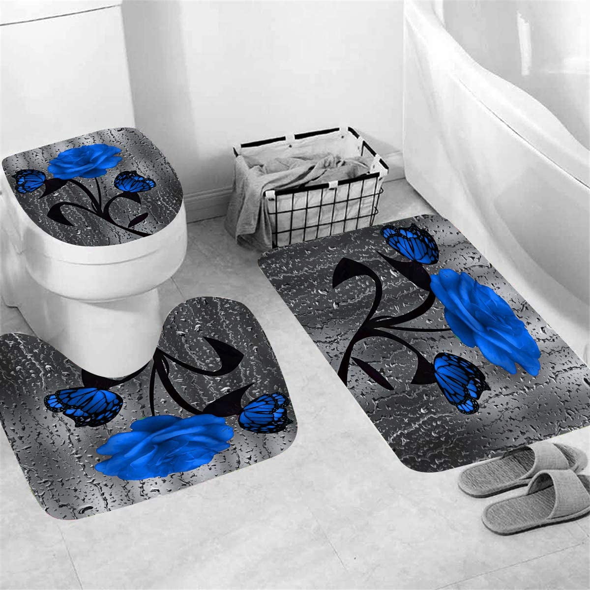 Blue Rose Shower Curtain Sets with Non-Slip Rugs, Toilet Lid Cover and Bath Mat, Nautical Ocean Shower Curtains with 12 Hook s, Durable Waterproof Bath Curtain (Blue Rose)…