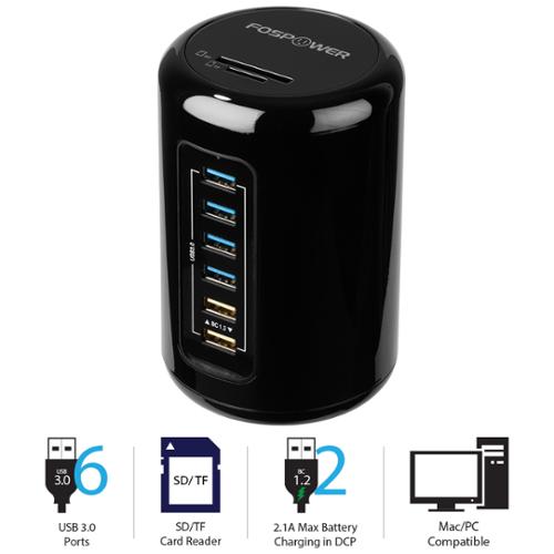 FosPower 6 Port USB 3.0 Hub Tower Battery Charging 1.2 SD & TF Card Readers with USB 3.0 Cable & 12V/3A Power Adapter