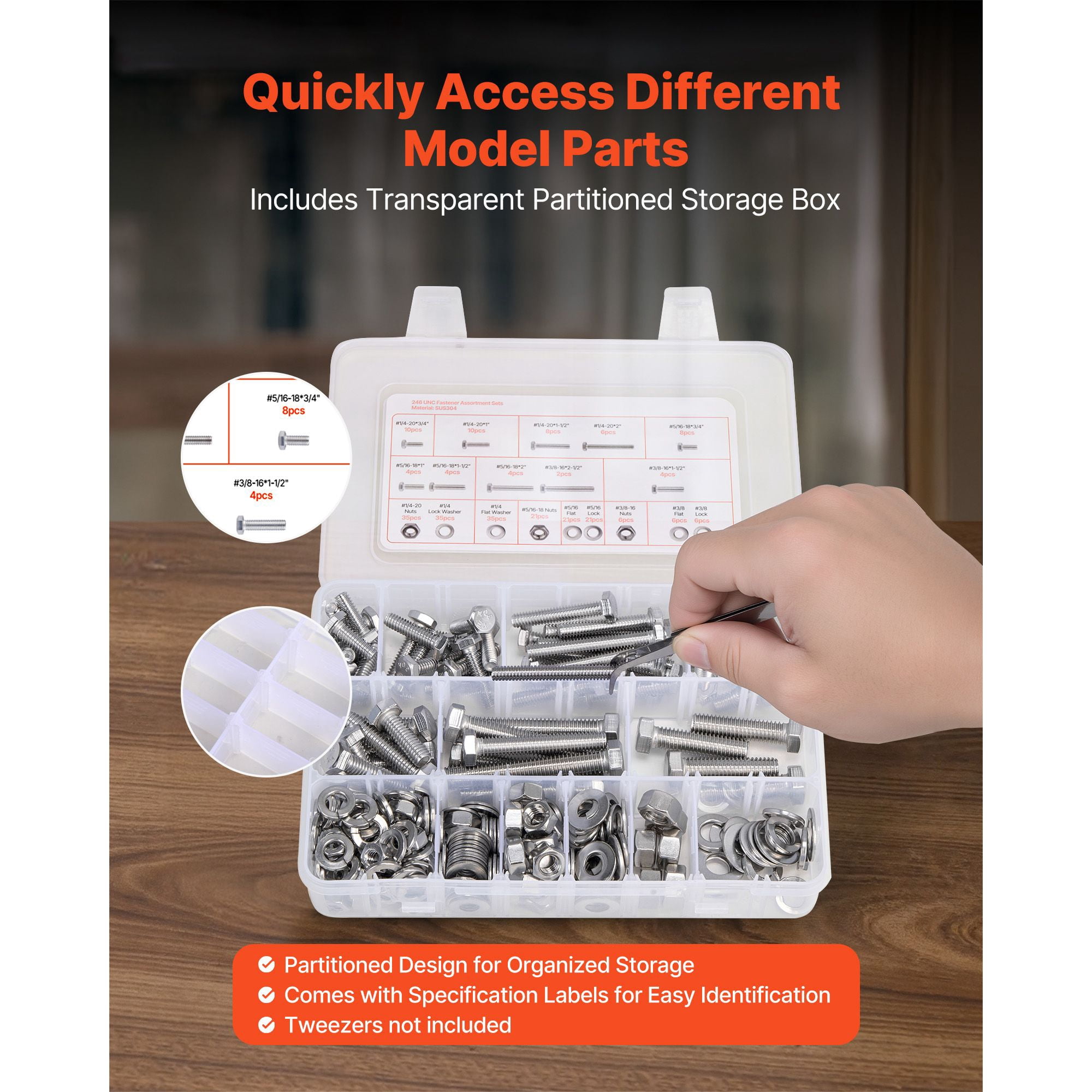 Bolts and Nuts Set 246-Piece Stainless Steel 3 Sizes #1/4-20 #5/16-18 #3/8-16 Adjustable Storage Box A2-50 Grade for Home Repair DIY