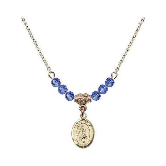 18-Inch Hamilton Gold Plated Necklace with 4mm Blue September Birth Month Stone Beads and Saint Rita / Baseball Charm