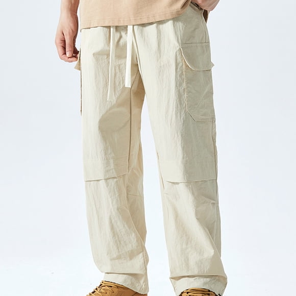 Atogsazn Mens Cargo Pants Casual Loose Elastic Waist Drawstring Pants Solid Color Straight Leg Pants Beige XL Fashion