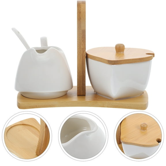 Squalise Ceramic Sugar Bowl and Cream Pitcher Set with Bamboo Tray and Spoon for Home Hotel