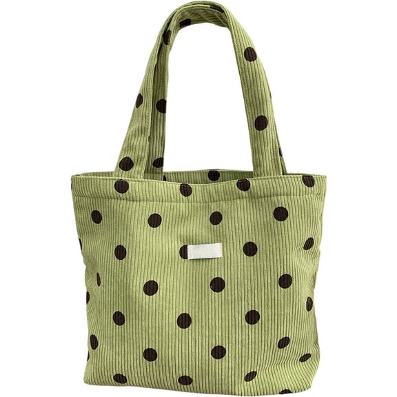 Hfppkn Polka Dot Corduroy Lunch Handbag Reusable Small Tote Bag for Work Picnic 17x13x21cm Green