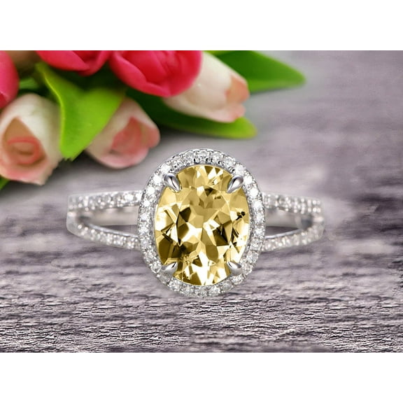 2.25 Carat 8x6mm Oval Shape Gemstone With Split Shank Halo Design Champagne Diamond Moissanite Engagement Ring Wedding Ring Anniversary Gift On 10k White Gold