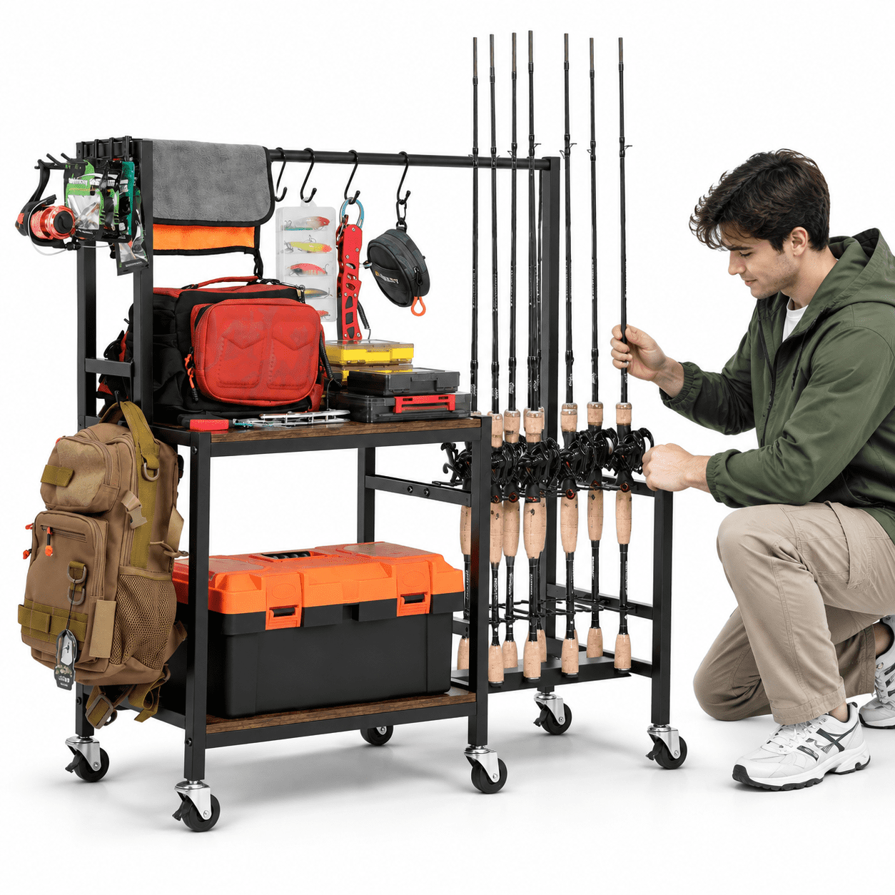 Brown 16-Pole Fishing Rod Rack Cart with Storage Shelves and Mobile Casters