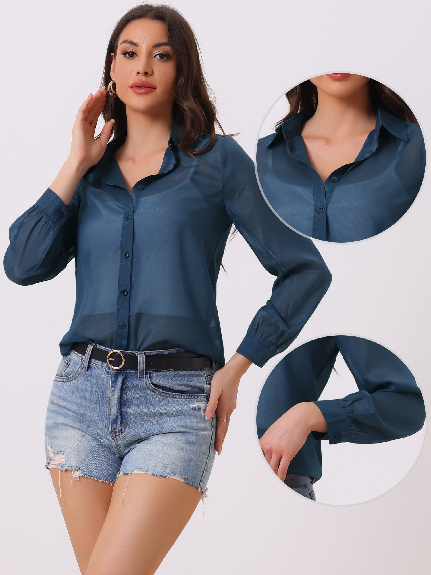 DARING DIVA Women's Long Sleeve Tops Button Down See Through Mesh Shirt XS Dark Blue