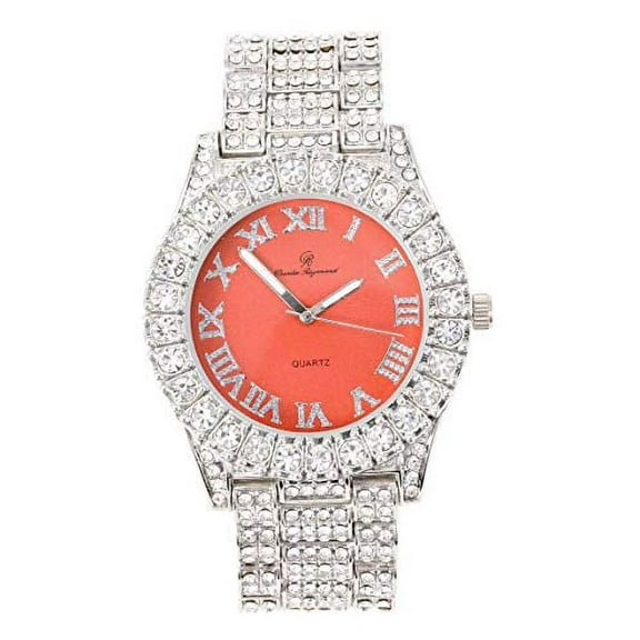 Women's Big Rocks Bezel Colored Dial with Roman Numerals Fully Iced Out Watch - ST10327LA (Silver - Peach)