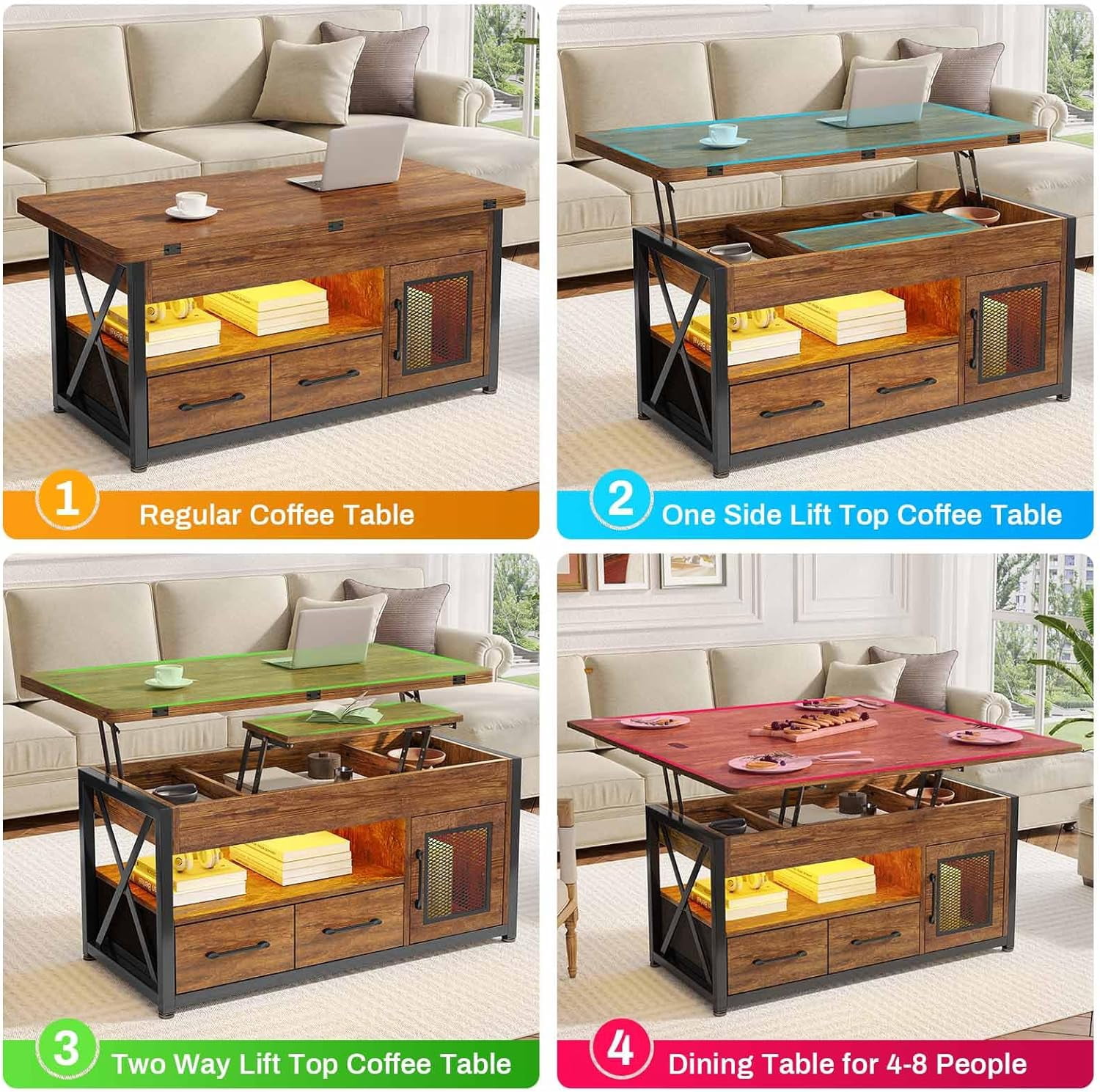 40" Lift Top Coffee Table, 4 in 1 Coffee Tables with Storage Cabinet for Living Room, Small Farmhouse Coffee Table with 2 Fabric Drawers & LED Light for Dining Room, Rustic Brown