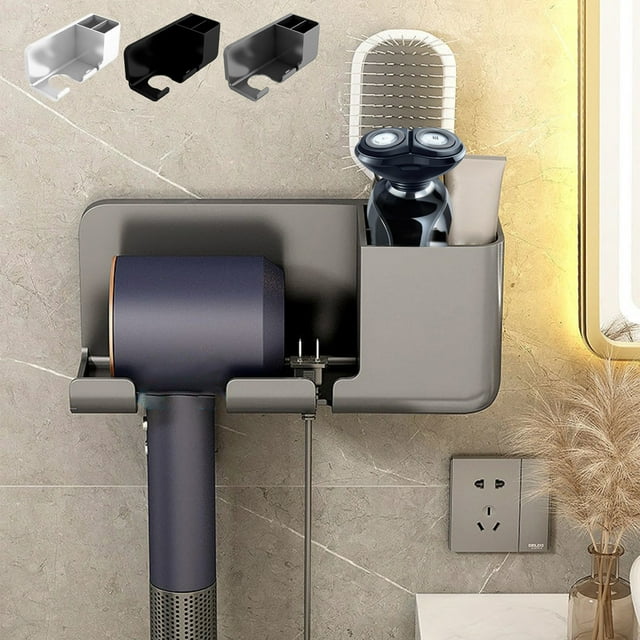 Soporte para secador de pelo en la pared | Organizador de secador de pelo de baño sin taladro | Portaequipajes de plástico, negro blanco gris, ahorro espacio, 23,1x8,8x9,5 cm, fácil de instalar