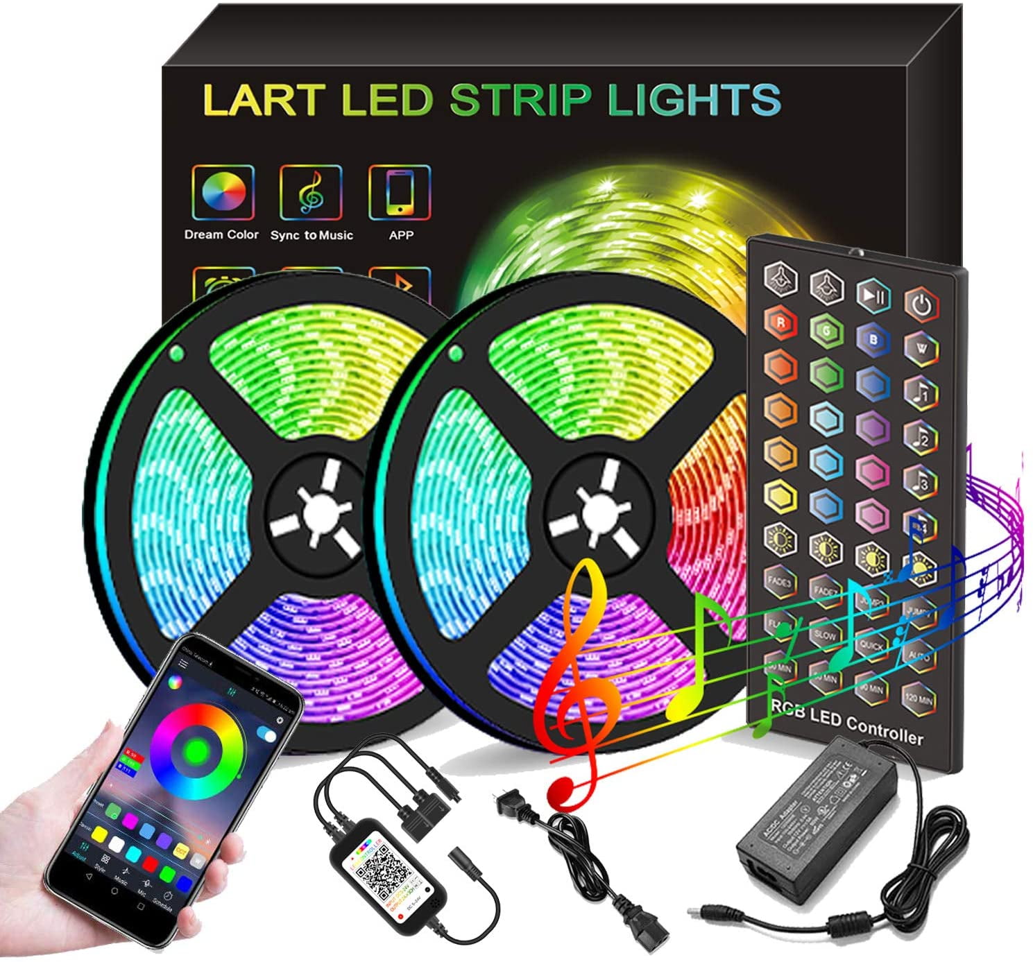 65.6FT RGB Music Sync Color Changing LED Strip Lights Remote For Home Decoration 