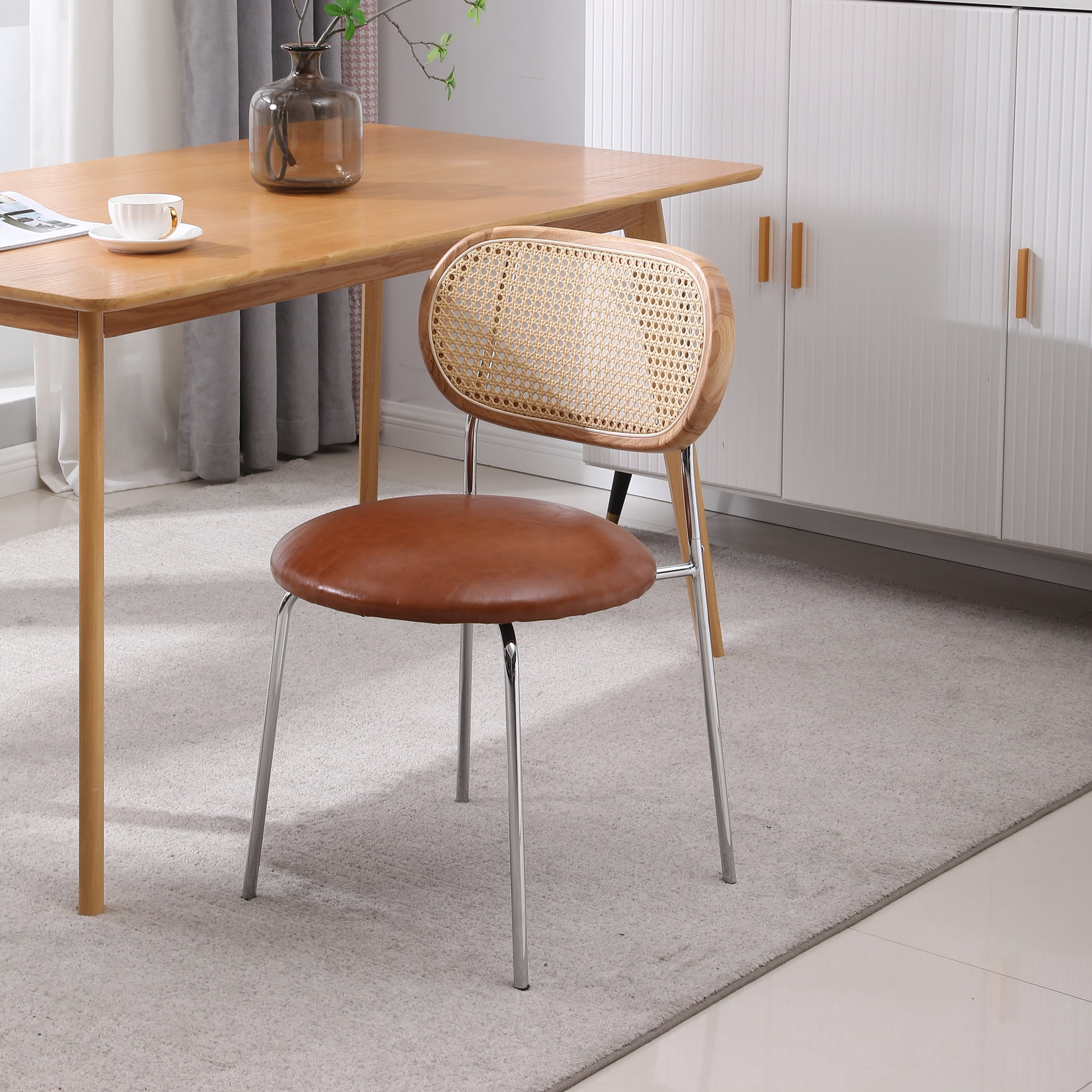Kadyn PU 2pcs Dining Room Chairs with Rattan Backrest for Kitchen, Brown Kitchen Chairs Kadyn PU 2pcs Dining Room Chairs with Rattan Backrest for Kitchen, Brown Kitchen Chairs