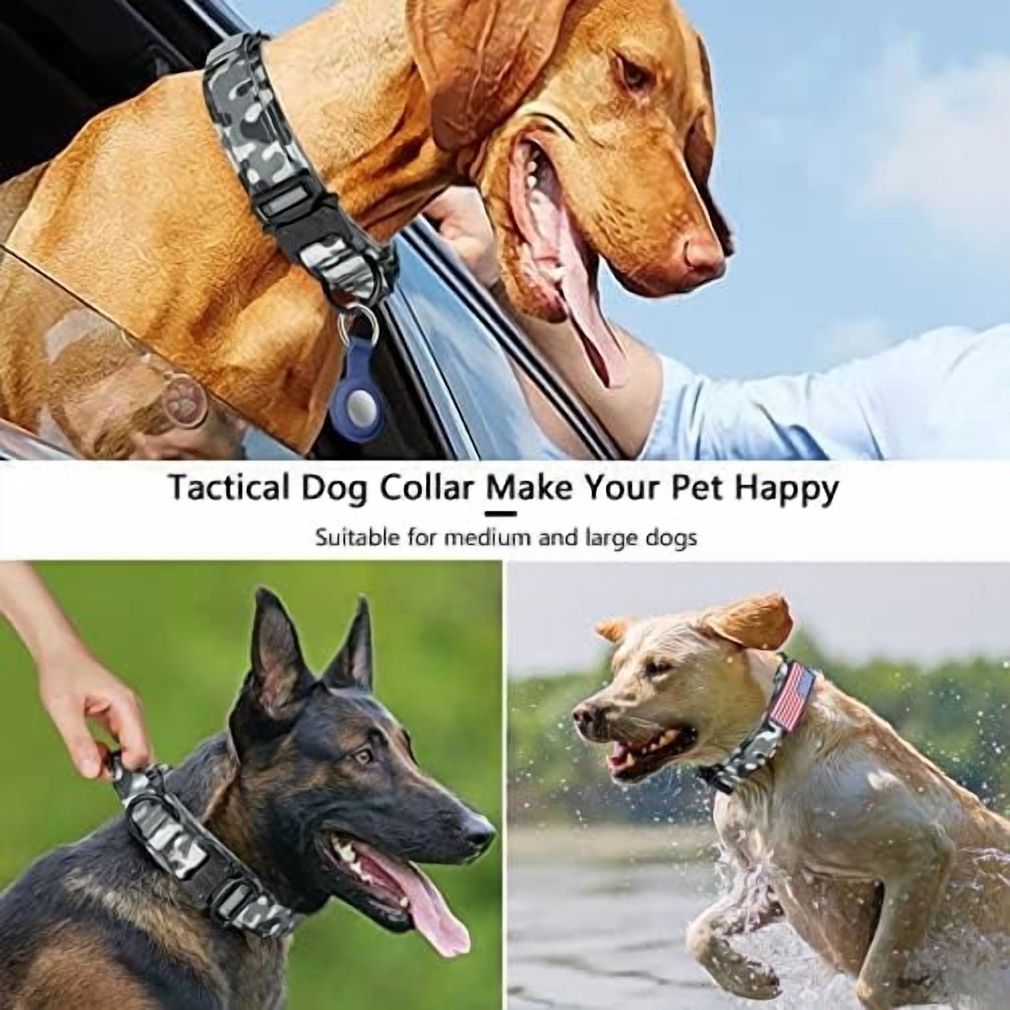 Tactical Dog Collar, Adjustable Military Training Nylon Dog Collar with Control Handle and Heavy Metal Buckle for Medium and Large Dogs, with Patches and Airtags Case (L, Camo)