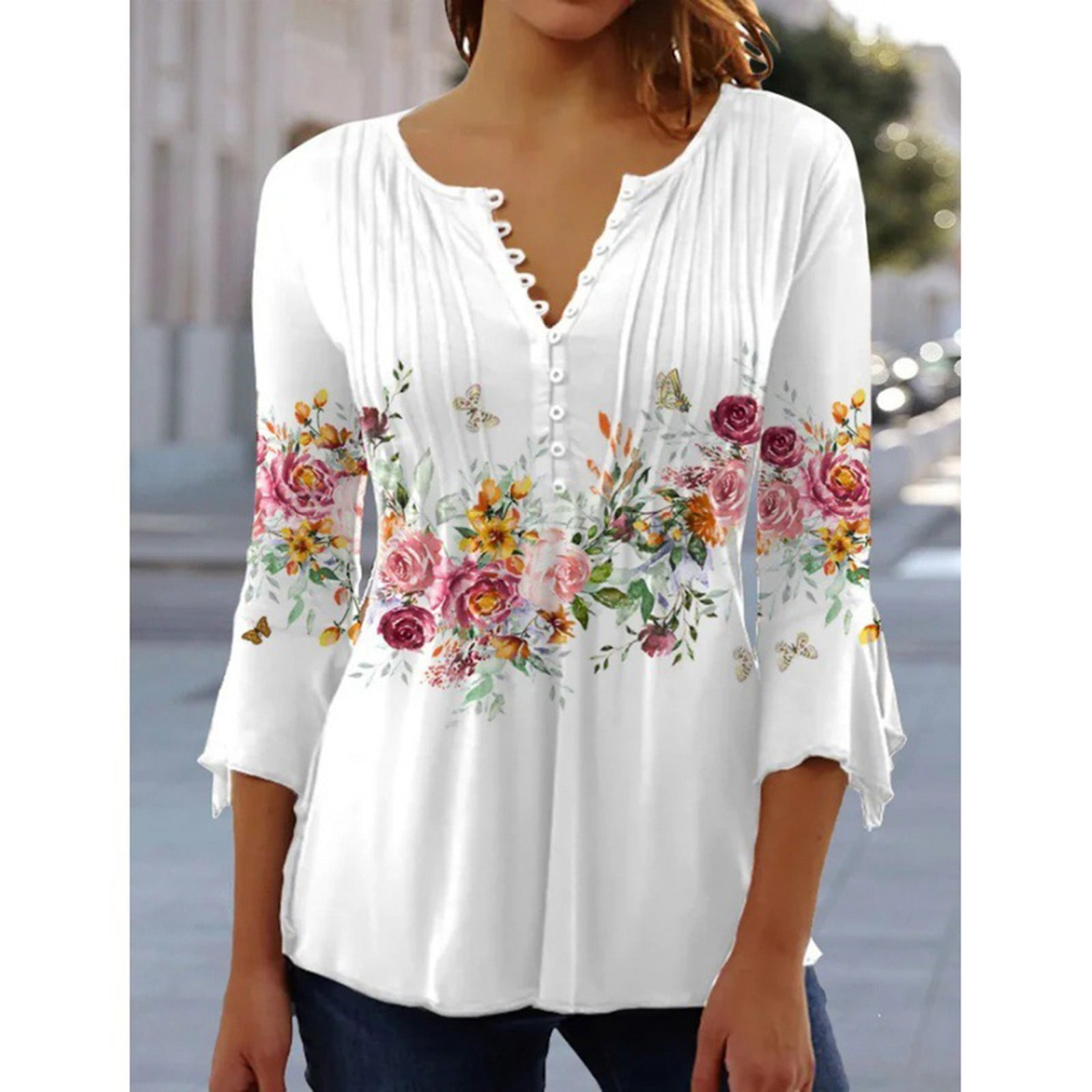 DORKASM Ladies 3/4 Sleeve tops for Wedding Dressy Tunic Tops Flare Sleeve Dressy Shirts Floral Henley Loose Blouses and Shirts Plus Size 3XL White