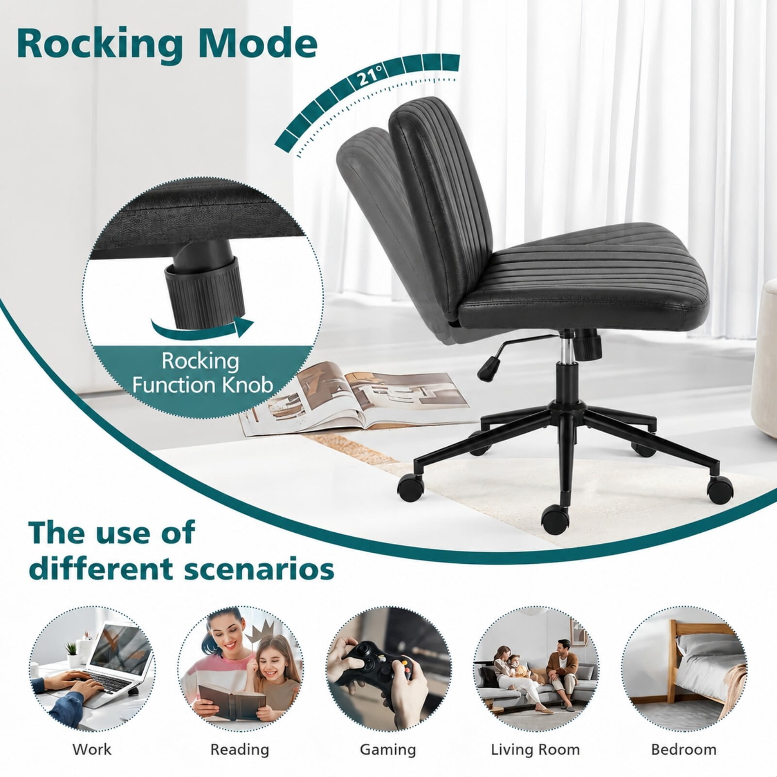 Kelno Armless Criss Cross Office Chair with Wheels 300lb Capacity Wide Seat Cross Legged Desk Chair Height Adjustable Swivel Vanity Chair, Black PU