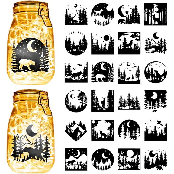 24Pcs Animals Silhouettes Mason Jar Decals Moon Wolf Bear Deer Scrap Booking Stickers Cardboard Making Crafts Laser Cut PVC Waterproof for Lantern Jars DIY 3.5x3.9 Inch
