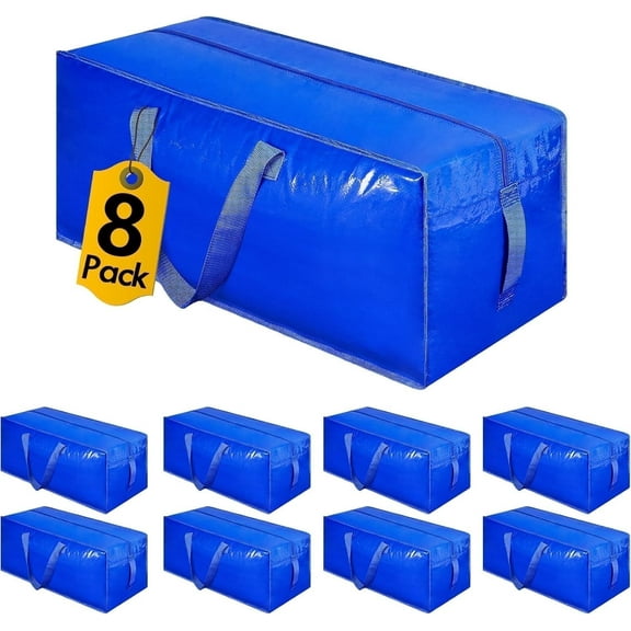 8-Pack Extra Large Heavy-Duty Moving Bags with Zippers & Handles, Space-Saving Storage Totes for Clothes, Dorms, Travel, and Packing Supplies – Durable Alternative to Moving Boxes (Blue)
