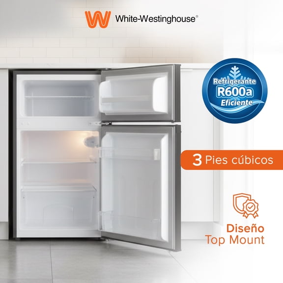 White Westinghouse  Refrigerador Frigobar 3 pies 85L  Modelo WWCR3085LHS  Congelador independiente y Dos Puertas  Puerta reversible y Luz interior  Condensador interno