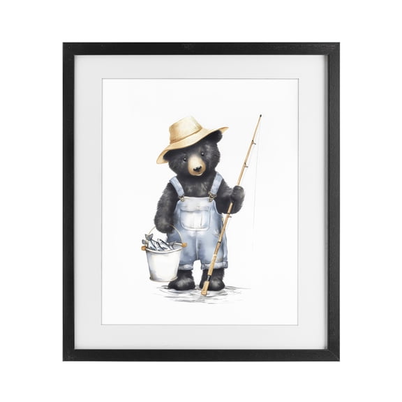 Stupell Industries Farmhouse Fishing Bear in Straw Hat Black Framed Print Under Glass, 13 x 16, by Arlington Prints
