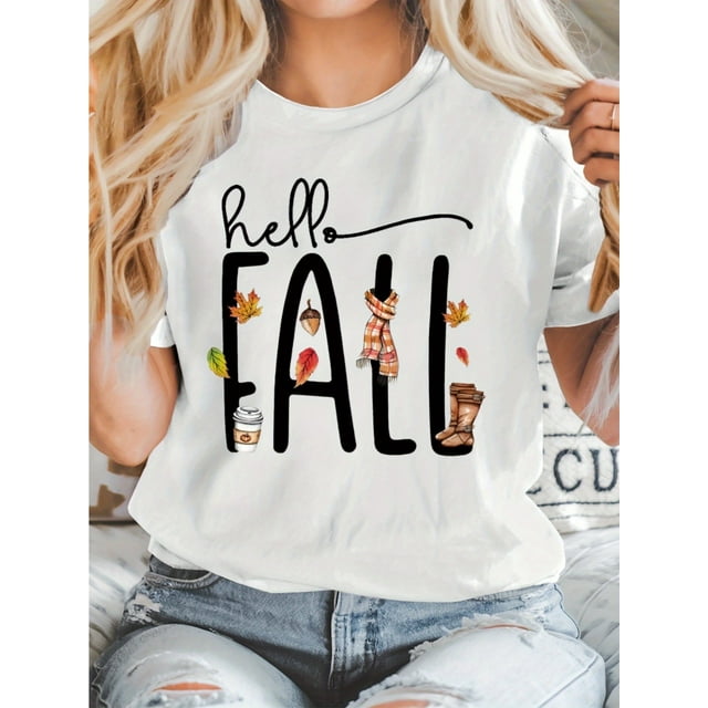 Women'S Halloween T-shirt - Loose Fit Short Sleeve T-Shirt with "Hello Fall" Print, Plaid Pattern, Round Neck, Soft Fabric, Perfect for autumn Celebrations