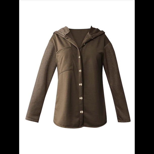 Sudadera Holgada de Larga para Mujer, Informal, con Botones y Capucha, con Bolsillo. Caqui Oscuro XL