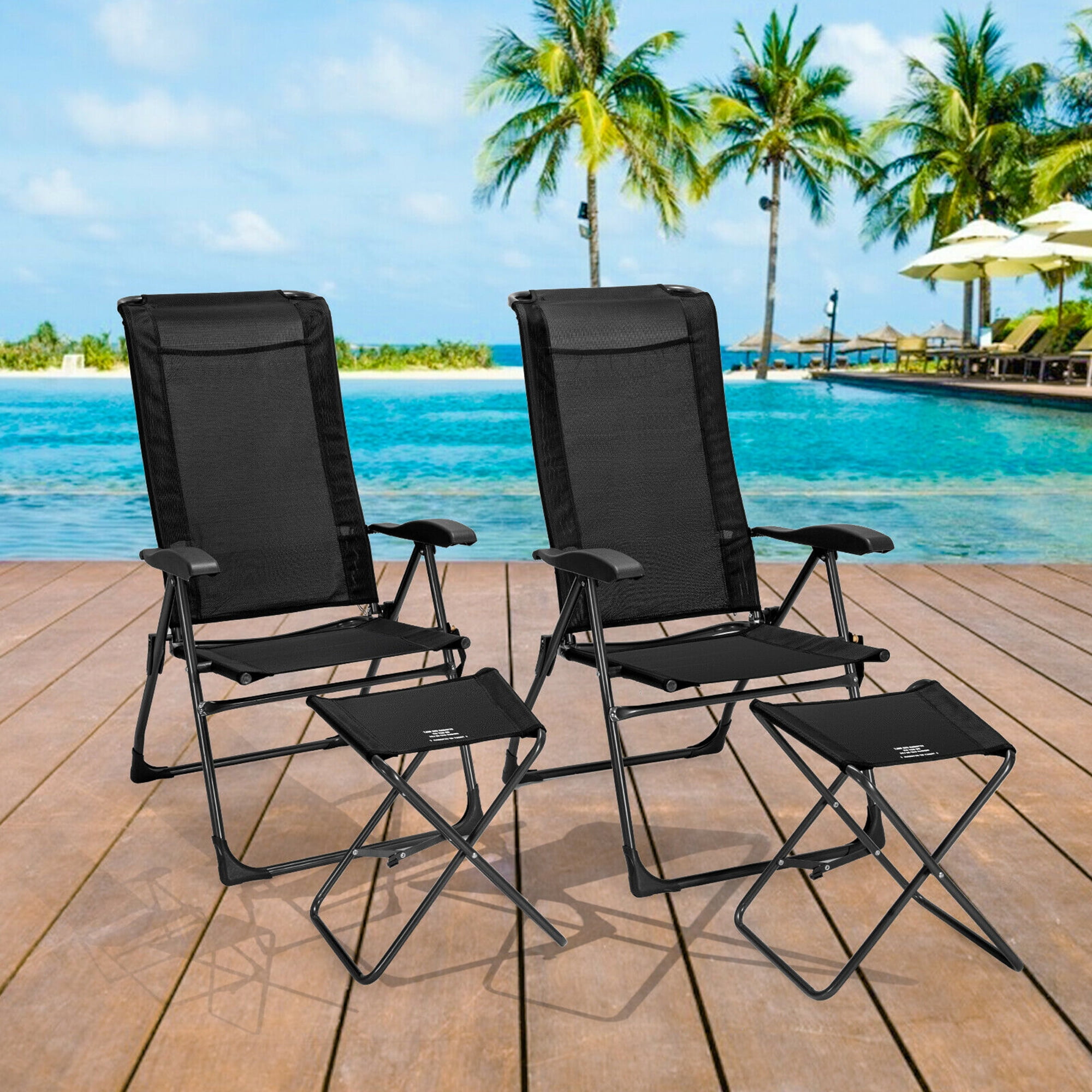 Gymax 4PCS Folding Patio Recliner Chair & Ottoman Set w/ Adjustable