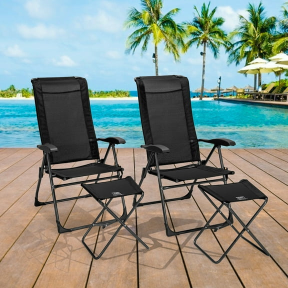 Gymax 4PCS Folding Patio Recliner Chair & Ottoman Set w/ Adjustable Backrest Black