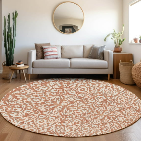 Addison Rugs Chantille Indoor/Outdoor Traditional Damask Coral Washable Round Rug, 8' x 8'