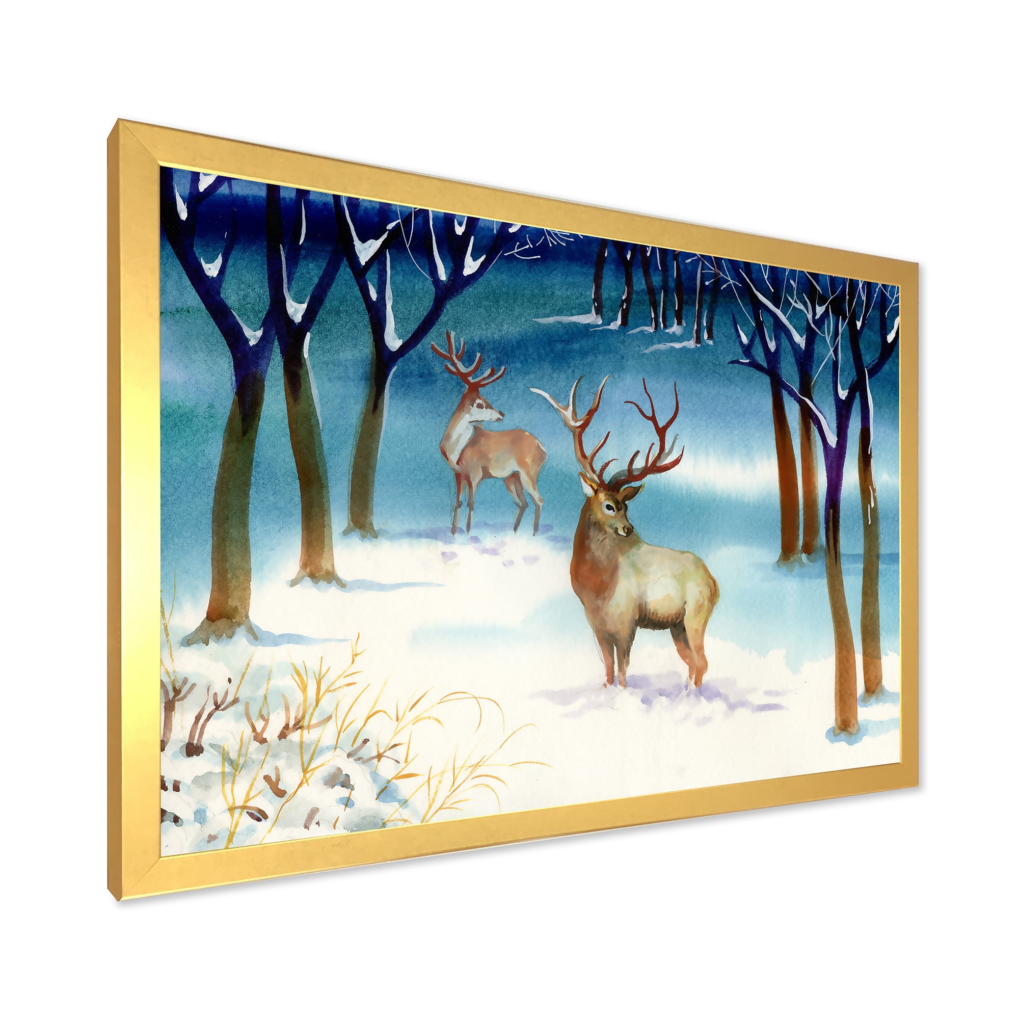 Designart 'Deers With Winter Landscape' Traditional Framed Art Print