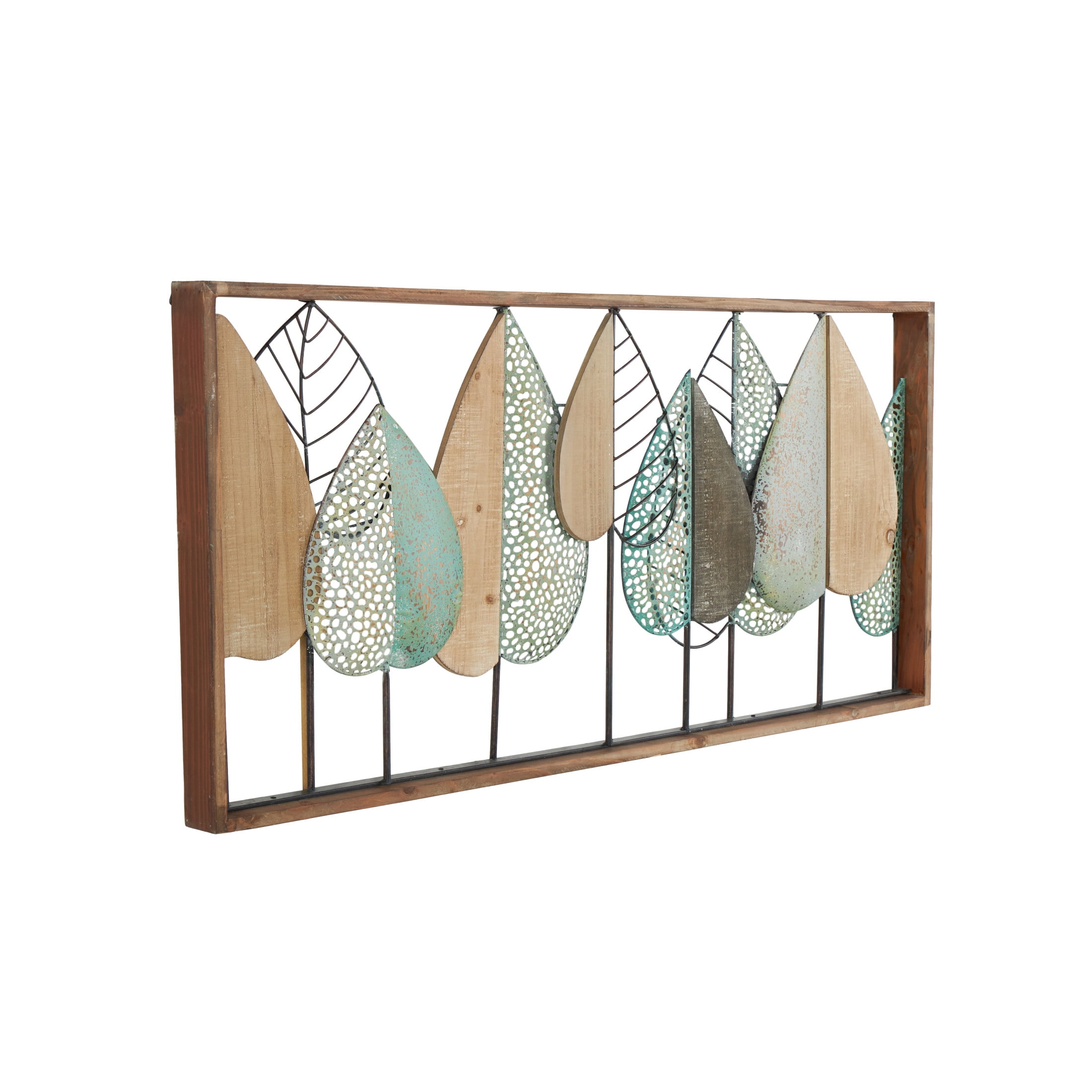 DecMode Brown Wood Cutout Leaf Wall Decor with Green and Black Metal Wire Accents